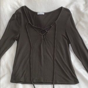 Olive Green Ribbed Lace Up Top